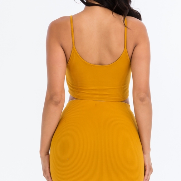 Mustard Gold Crop Top and Mini Skirt Set Women’s S M L Ribbed Zipper Two Piece - Picture 4 of 6